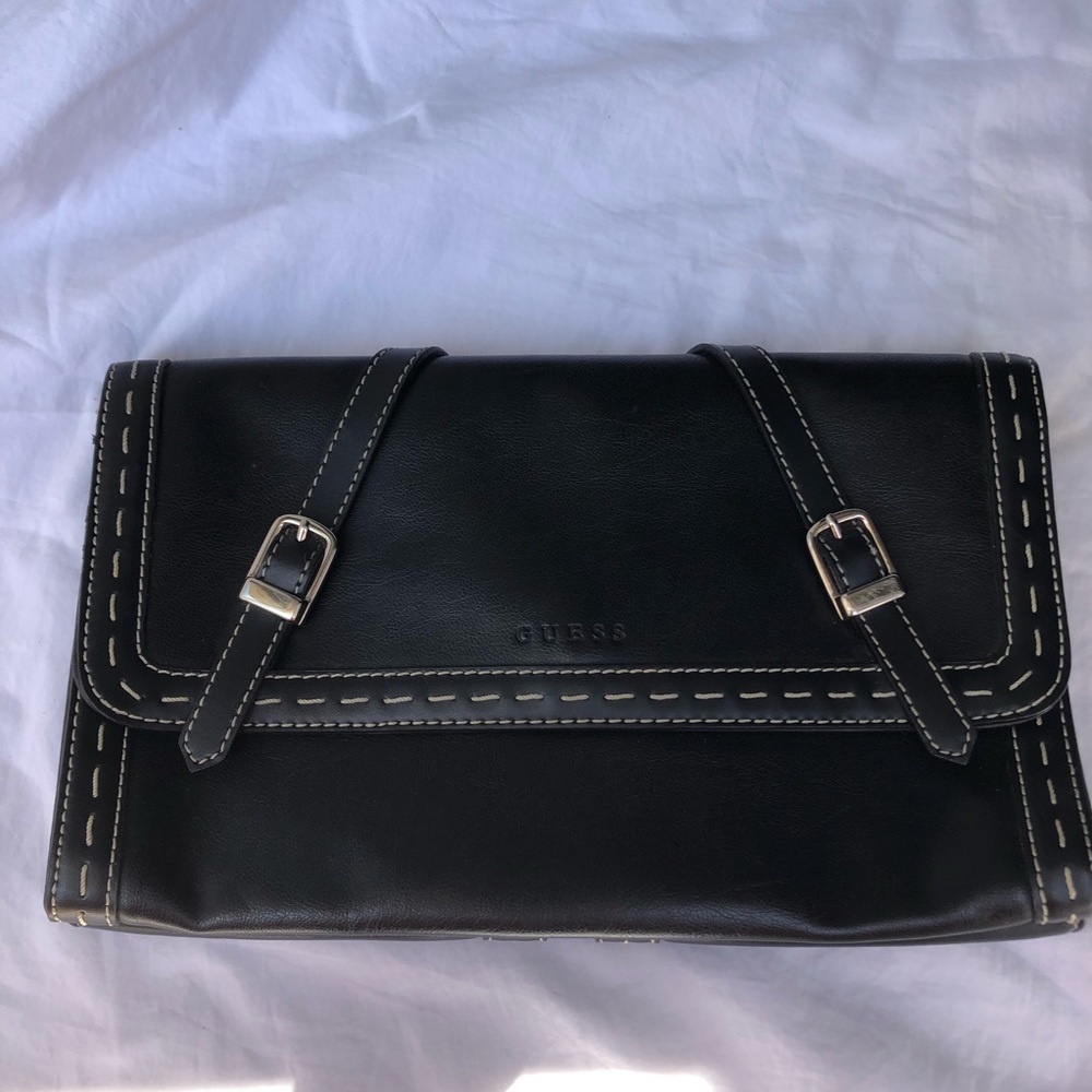 Guess black clutch with white contrast stitching